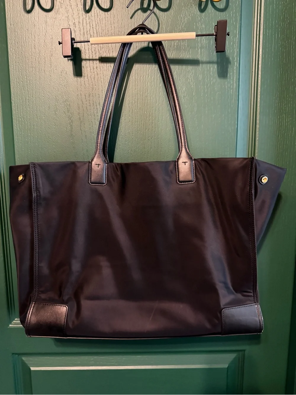 Tory Burch Black Large Nylon Logo Tote with Leather Trim
